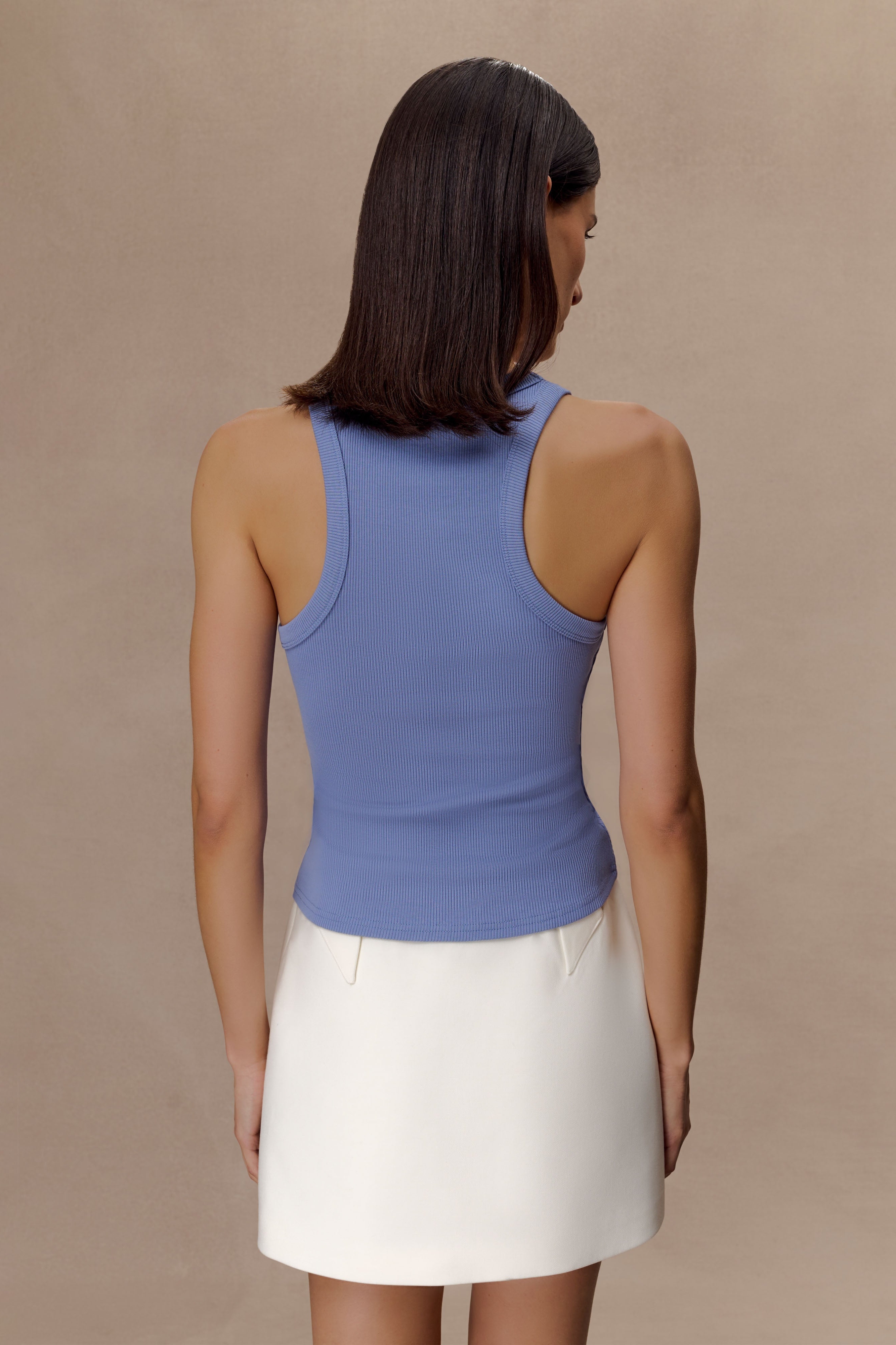 Blue Ribbed Sleeveless Top With Hardware