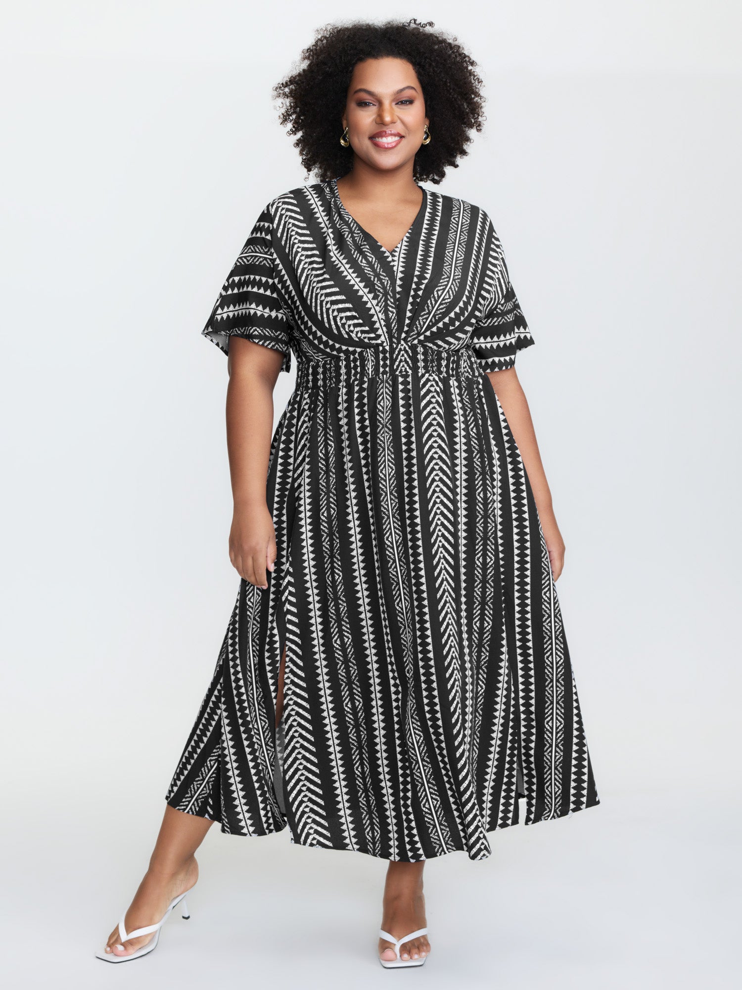 Solid Geometric Dolman Sleeve Pocket Shirred Split Hem Dress