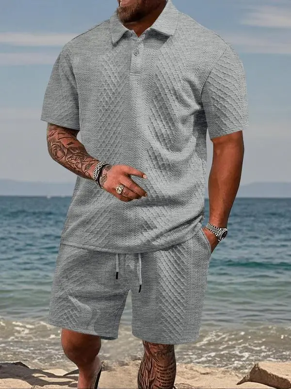 🔥 8-Set Men's Textured Polo & Shorts Sets – Casual Summer Two-Piece Outfits