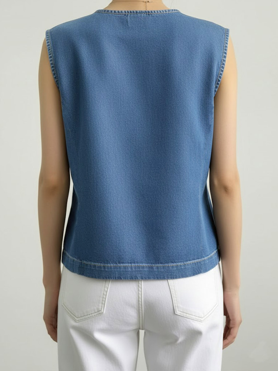 Women's Round Neck Sleeveless Loose-fitting Casual Denim Top