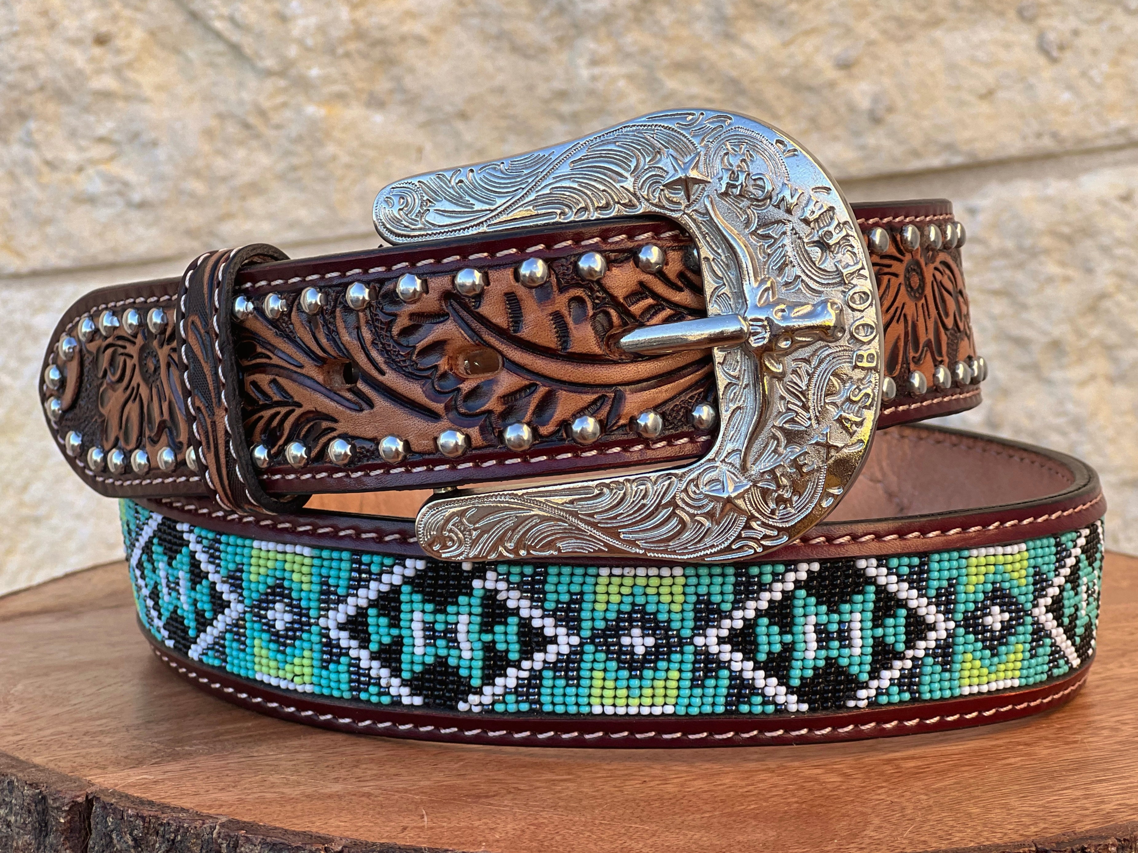 Honey Hand-Tooled Leather Artesanal Tabs With Silver Studs Green & White Beaded Belt