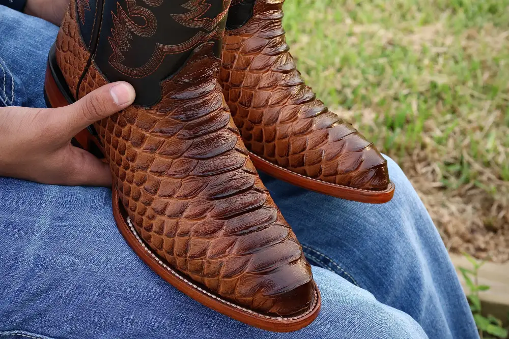 Cognac Jumbo Python Leather Boots — Round Toe