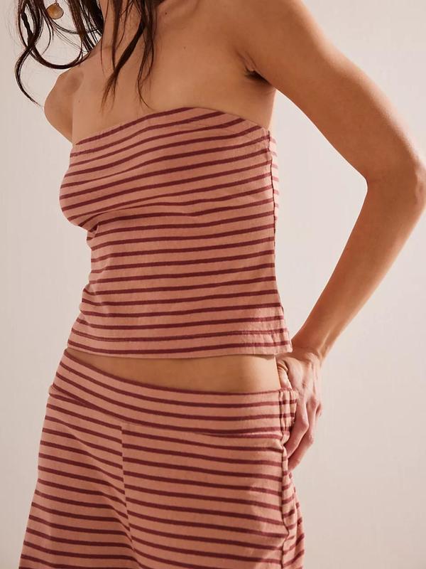 Women's Striped Print Crop Tube Top & Wide Leg Pants Set, Street Fashion Casual Two-piece Set for Daily Wear, Ladies Summer Clothes, Womenswear