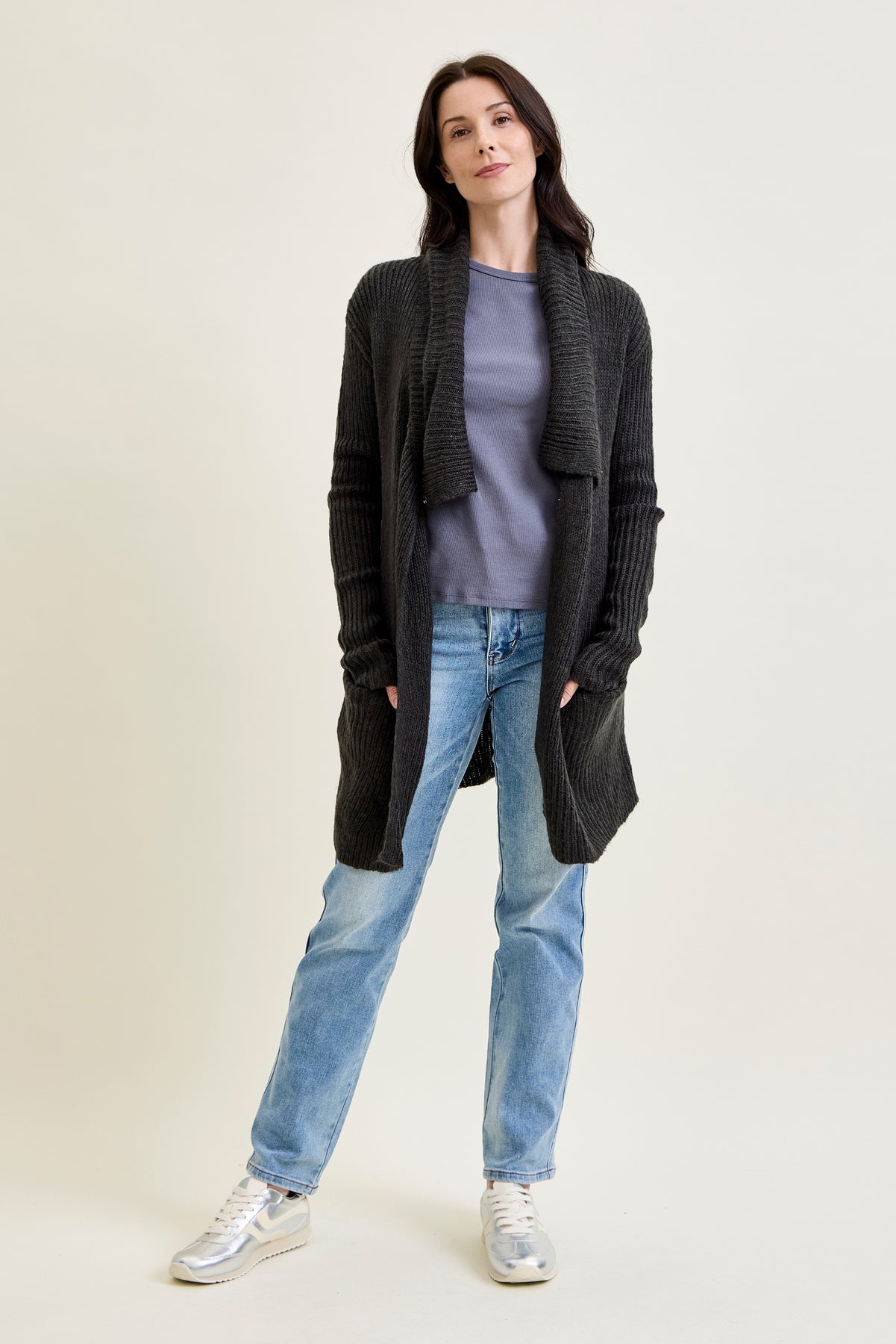 Drape Front Cardigan Charcoal Grey Sweater