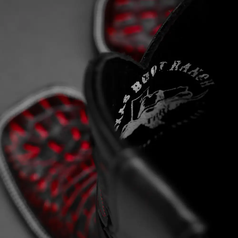 Black/Red Caiman Neck Leather Boots - Square Toe