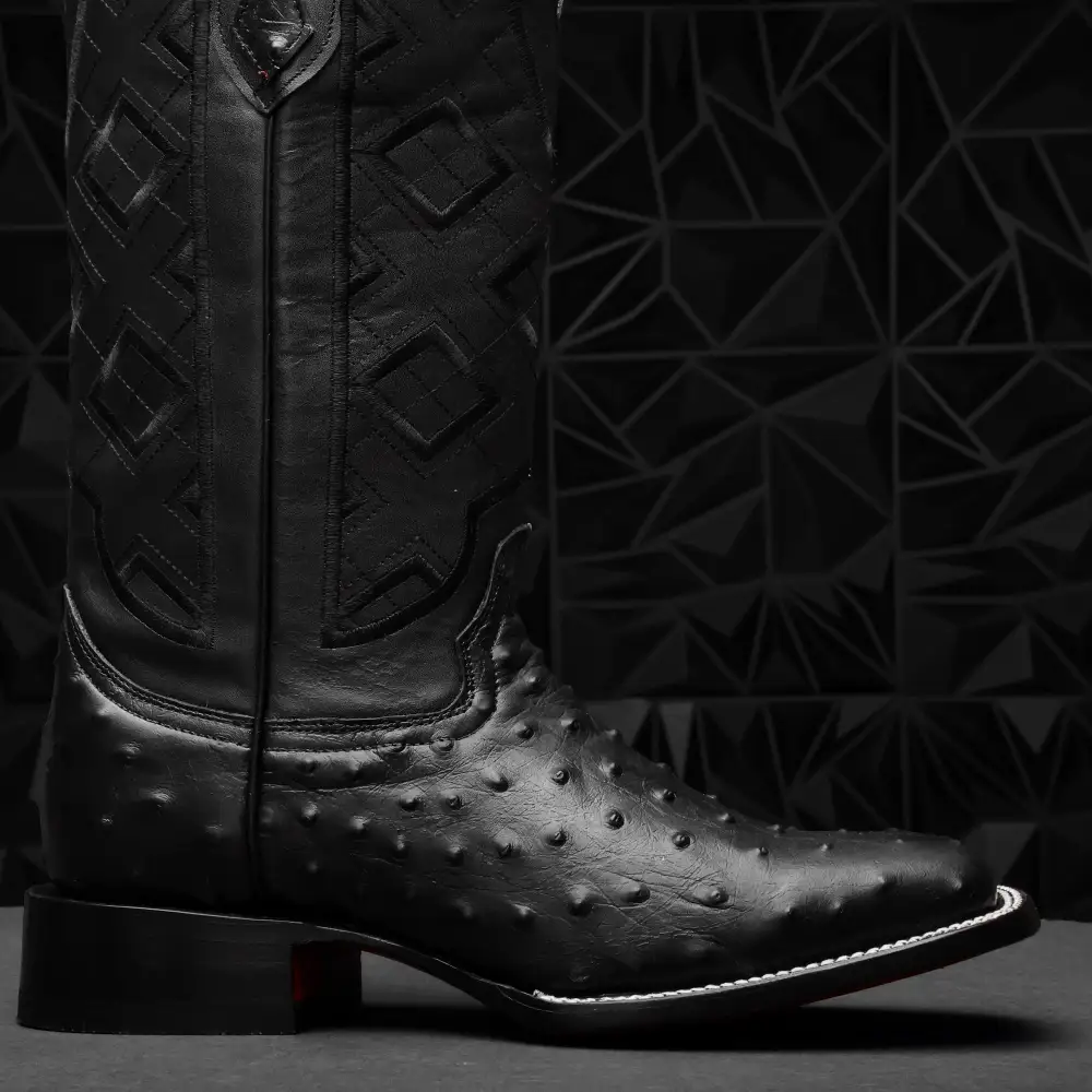 Black Ostrich Leather Boots - Square Toe
