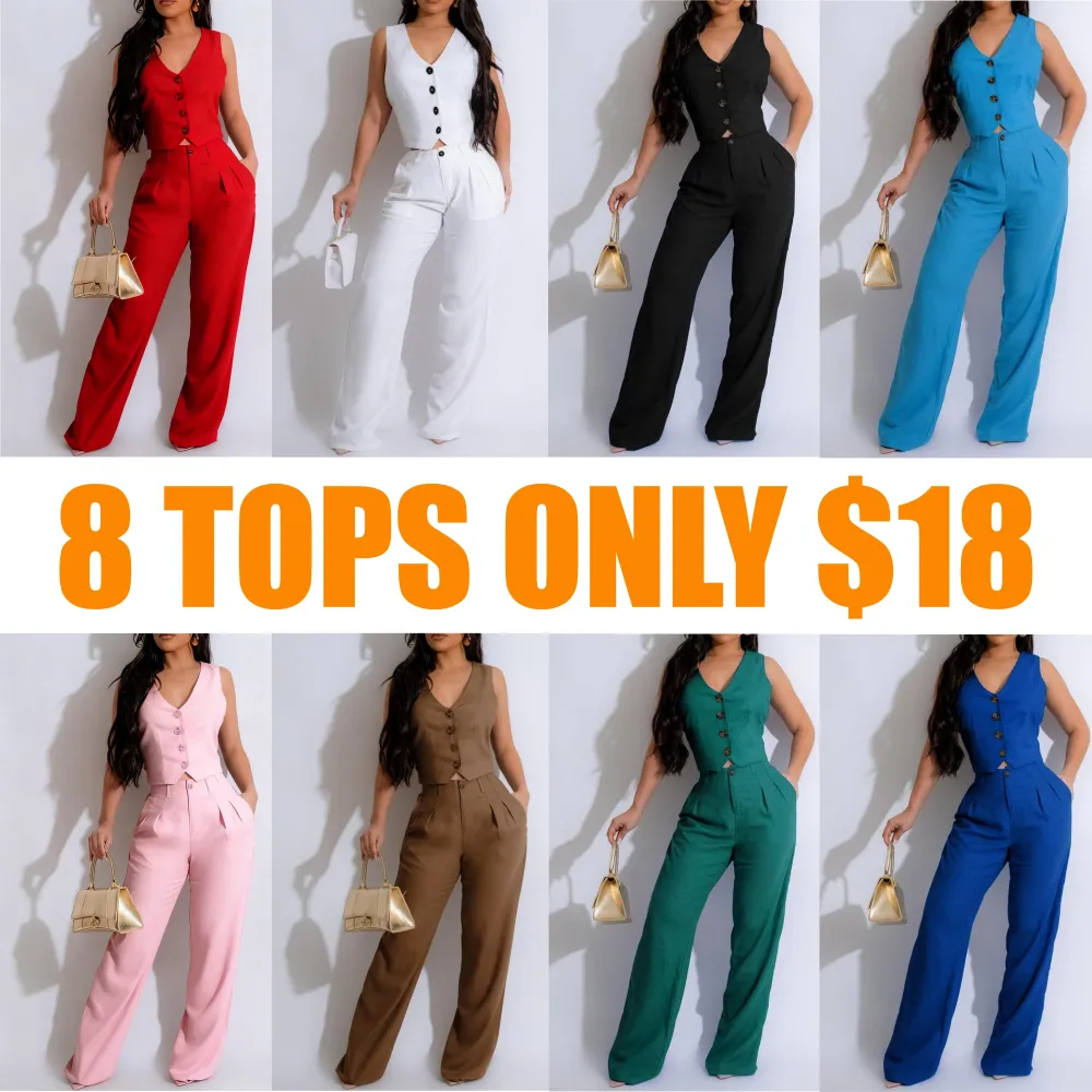 Women's Button Front V Neck Crop Tank Top & High Waist Pants Set