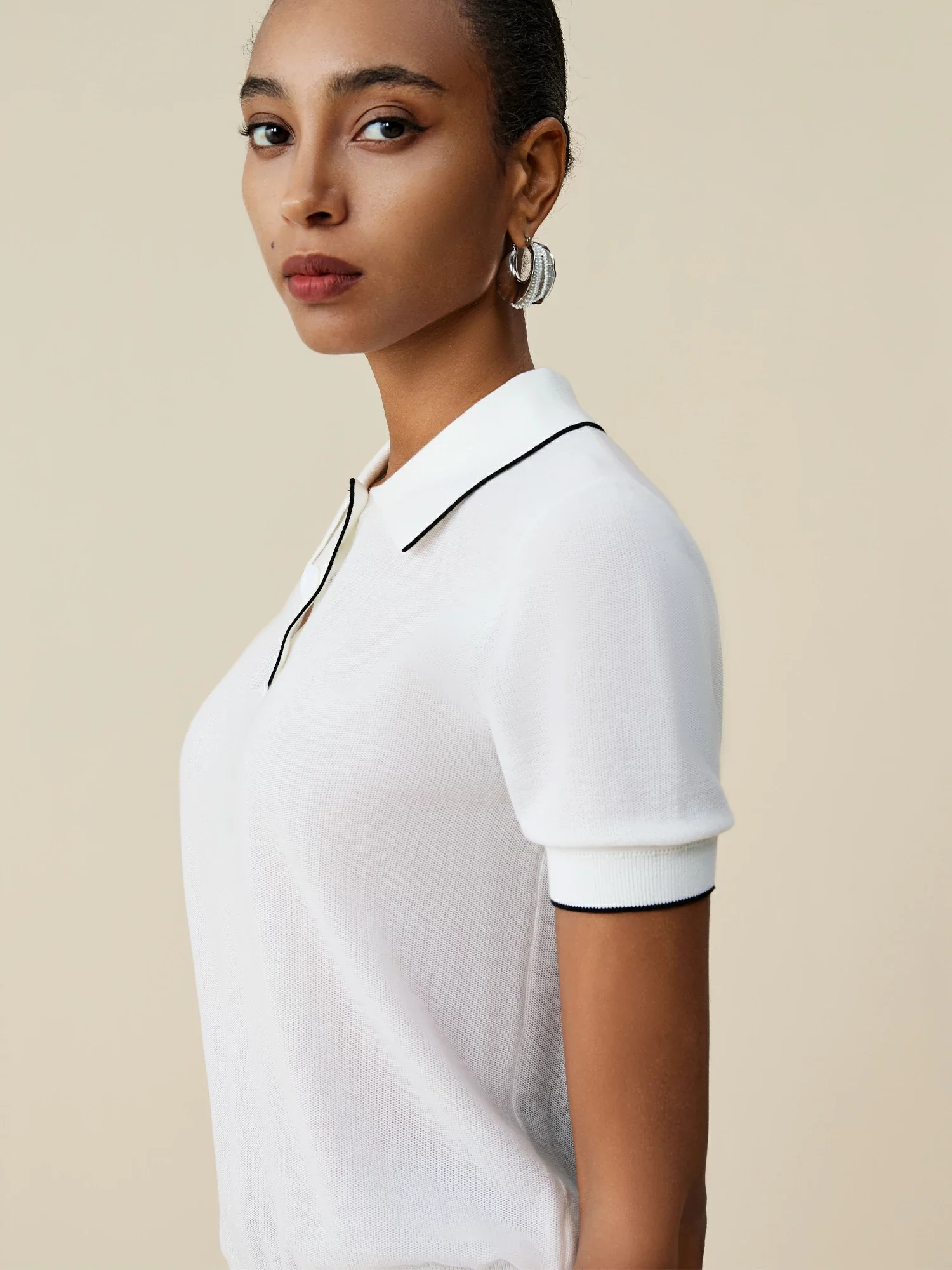 Cotton & Linen Polo Collar Short Sleeve Contrast Top
