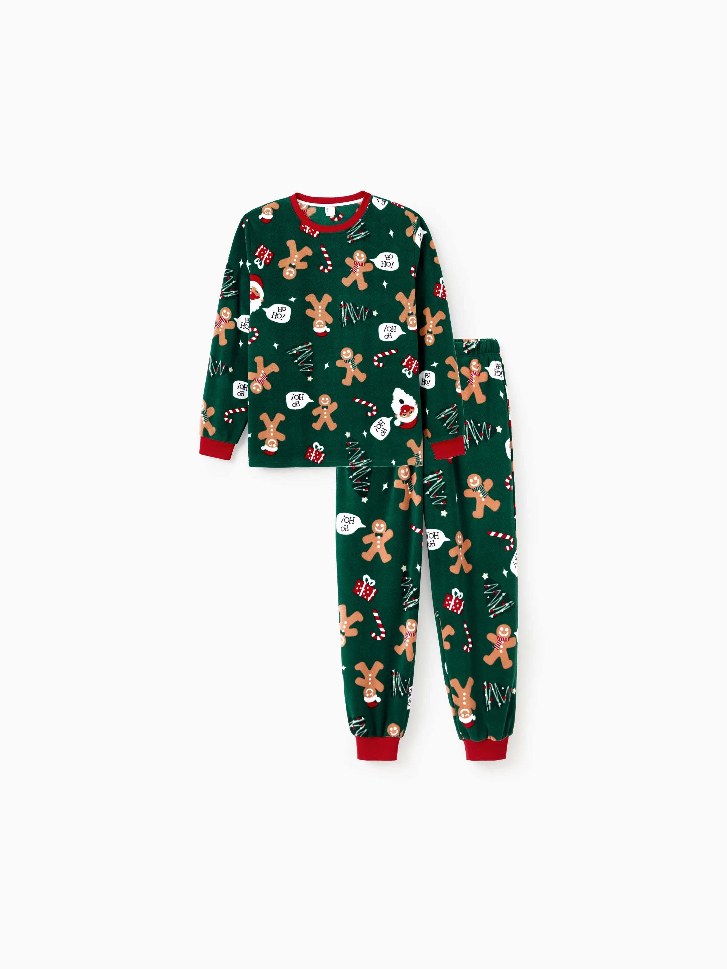 Christmas Pajamas Family Matching Fleece Gingerbread Man Long Sleeves Pajamas Sets with Christmas Socks Dark Green
