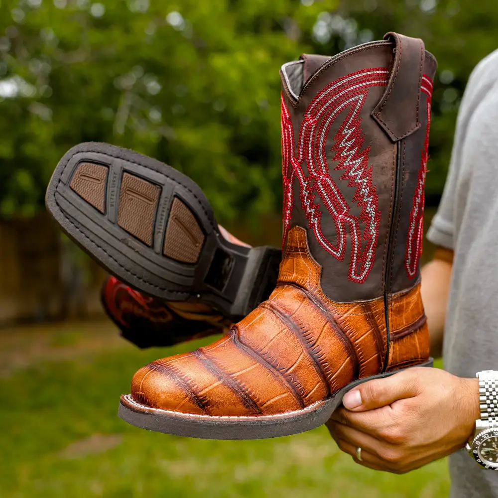 Cognac American Gator Belly Leather Boots With Lightweight Soles - Square Toe