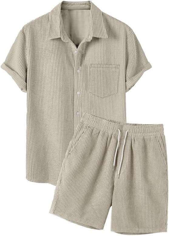 Men's 2 Piece Outfits Casual Button Down Short Sleeve Shirts Shorts Summer Beach Sets