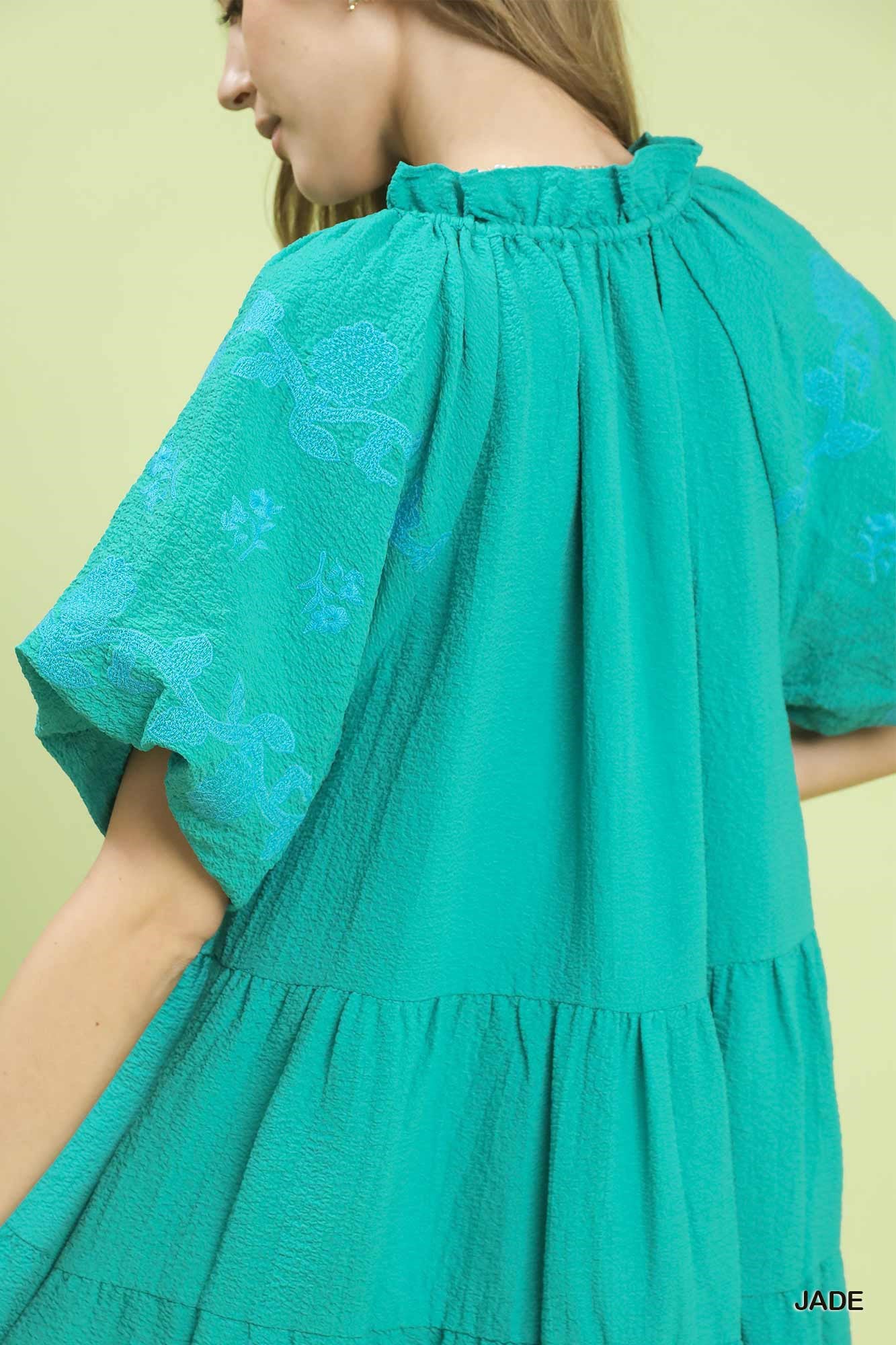 Umgee Embroidered Tiered Puff Sleeve Mini Dress