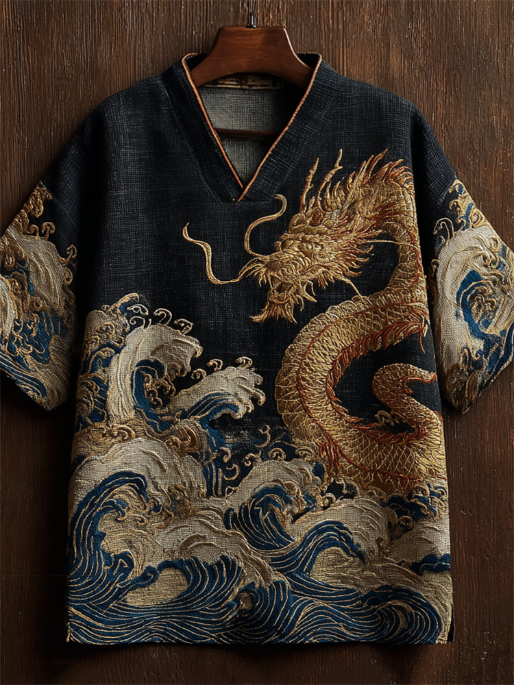 Japanese Sea Waves & Eastern Dragon Embroidered Linen Shirt