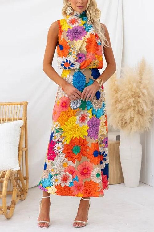 Sleeveless Tie Neck Waisted Floral Print Maxi Dress