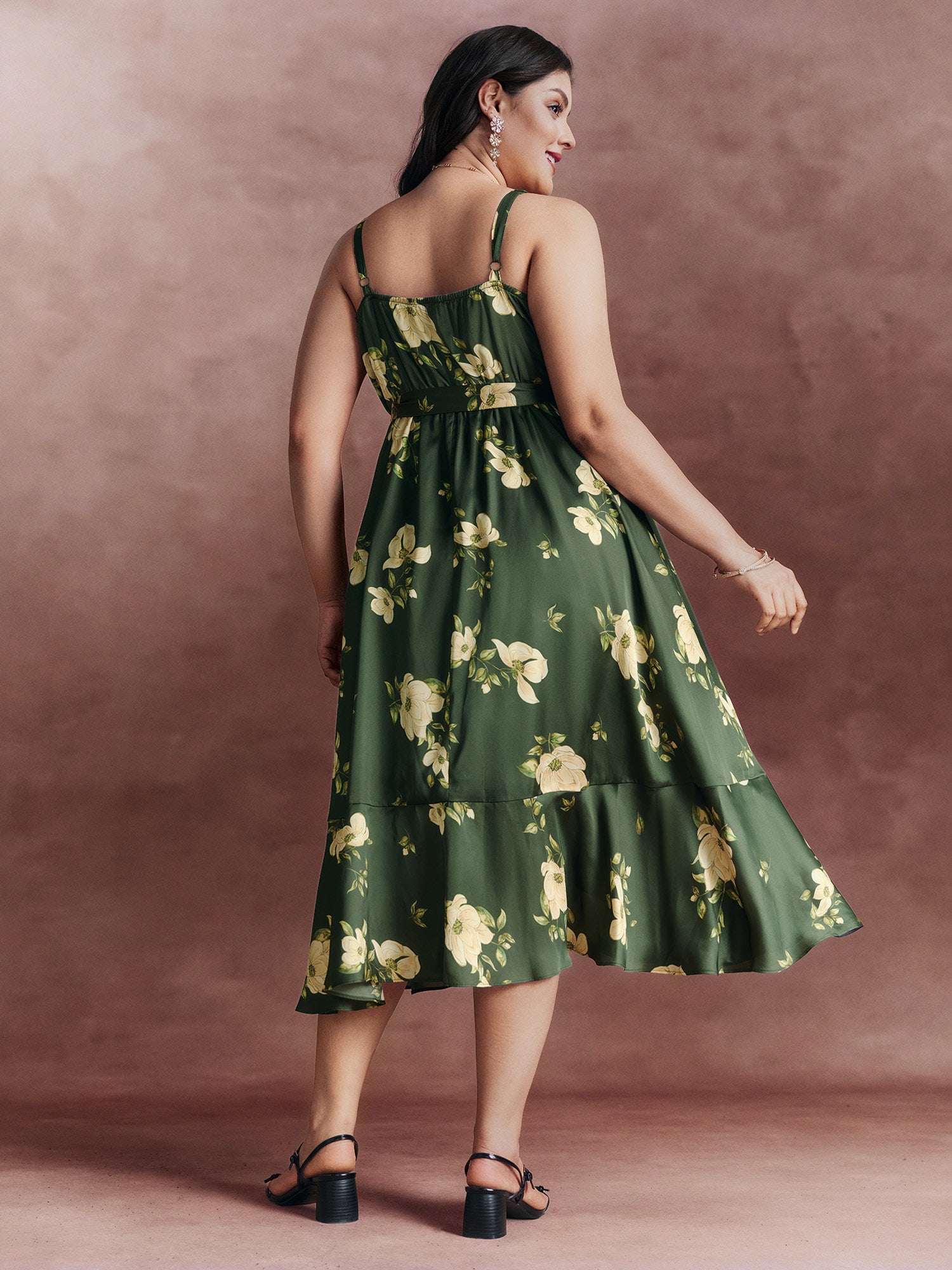 Floral Ruffled Wrap High-Low Hem Midi Dress