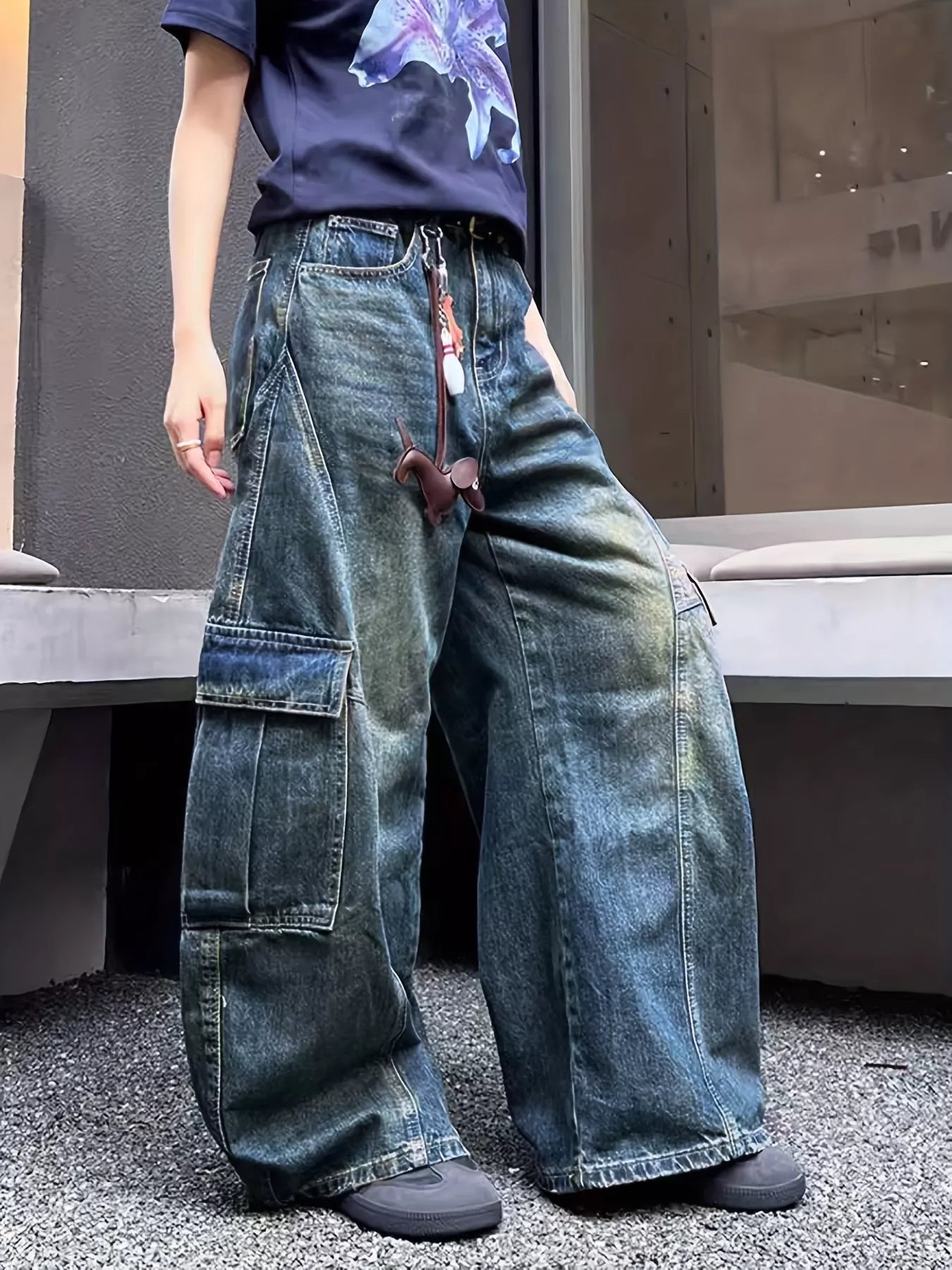 Vintage Wash Wide Leg Cargo Jeans