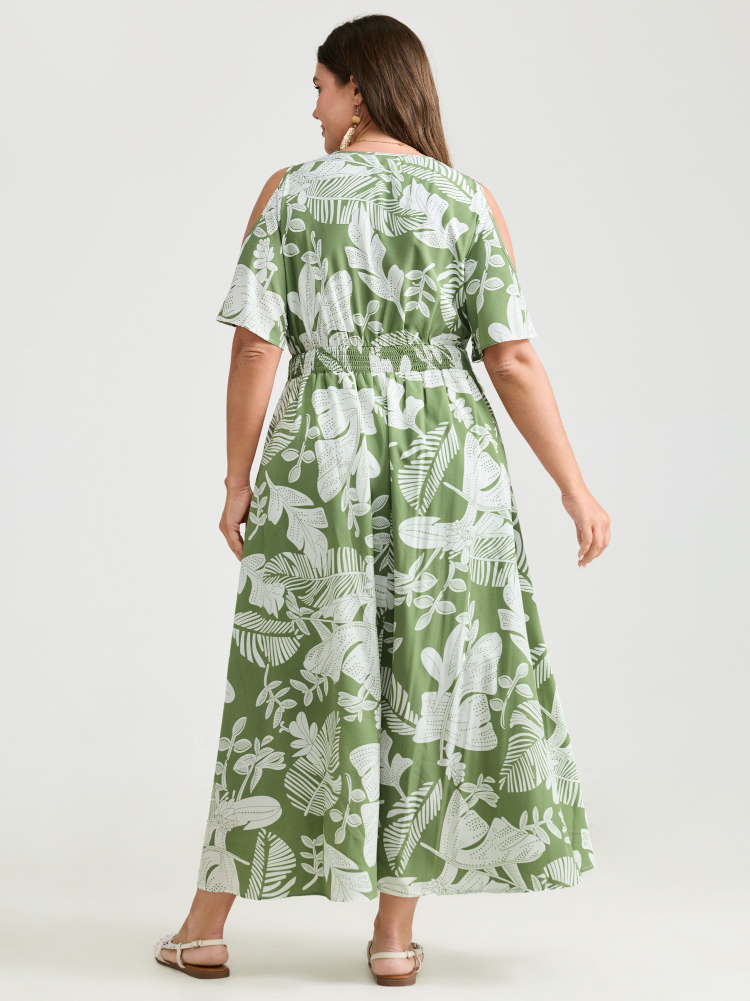 Tropical Floral Print Cut-Out Shoulder Maxi Dress