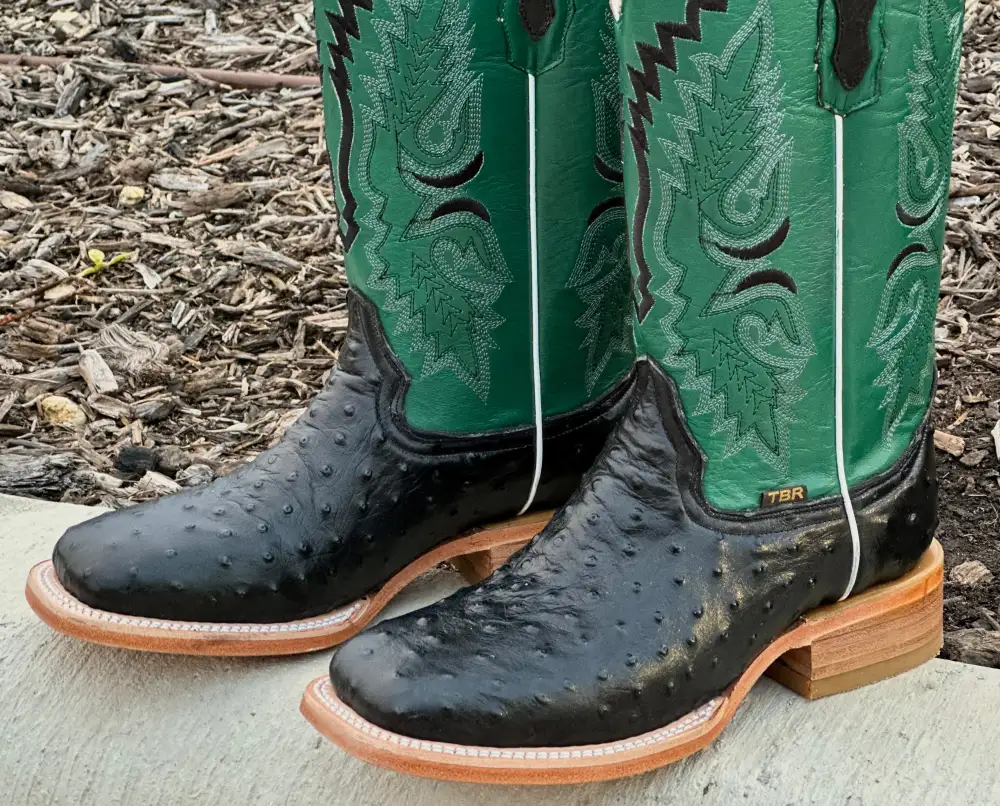 Mens Black Ostrich Leather Boots With Green Shaft