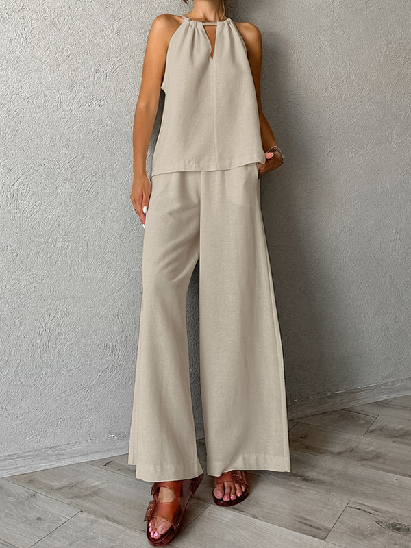 Loose Hollow Split-Joint Halter-Neck Vest + Elasticity High Waisted Pants Trousers Two Pieces Set
