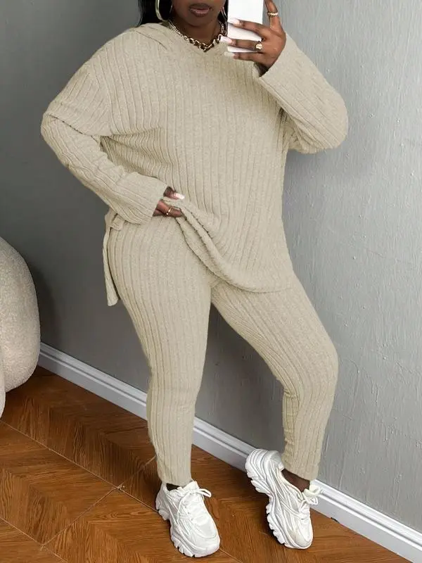 Plus Size Women’s Ribbed Hoodie & Pants Set – Cozy Casual Fall & Winter Outfit