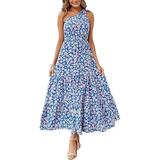 PrettyGarden Boho Chic Floral Maxi Dress - One Shoulder, Ruffle, Sleeveless, Flowing Summer Beach Wedding Guest Dress- Womenswear
