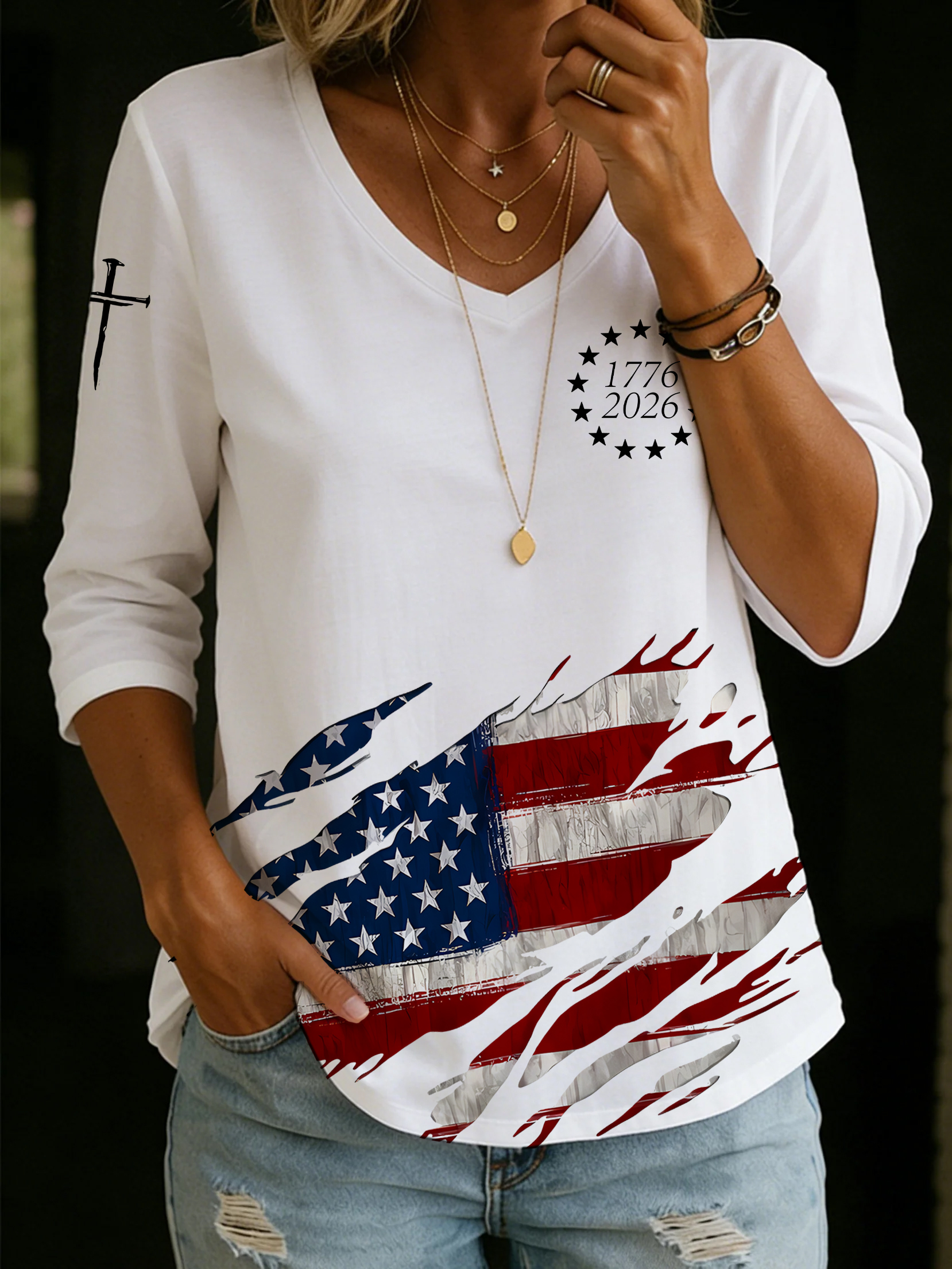 Women'S Independence Day 250Th Anniversary Founding Commemorative Print V-Neck Five Point T-Shirt