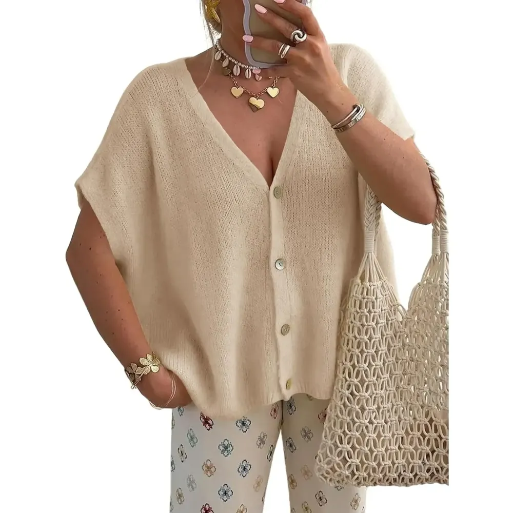 Womens Fall Oversized Cardigans Batwing Short Sleeve Lightweight Button V Neck Casual Knit Sweater Tops