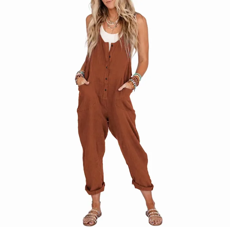 Women's Linen Cotton Overalls – Lightweight Casual Jumpsuits with Pockets for Summer