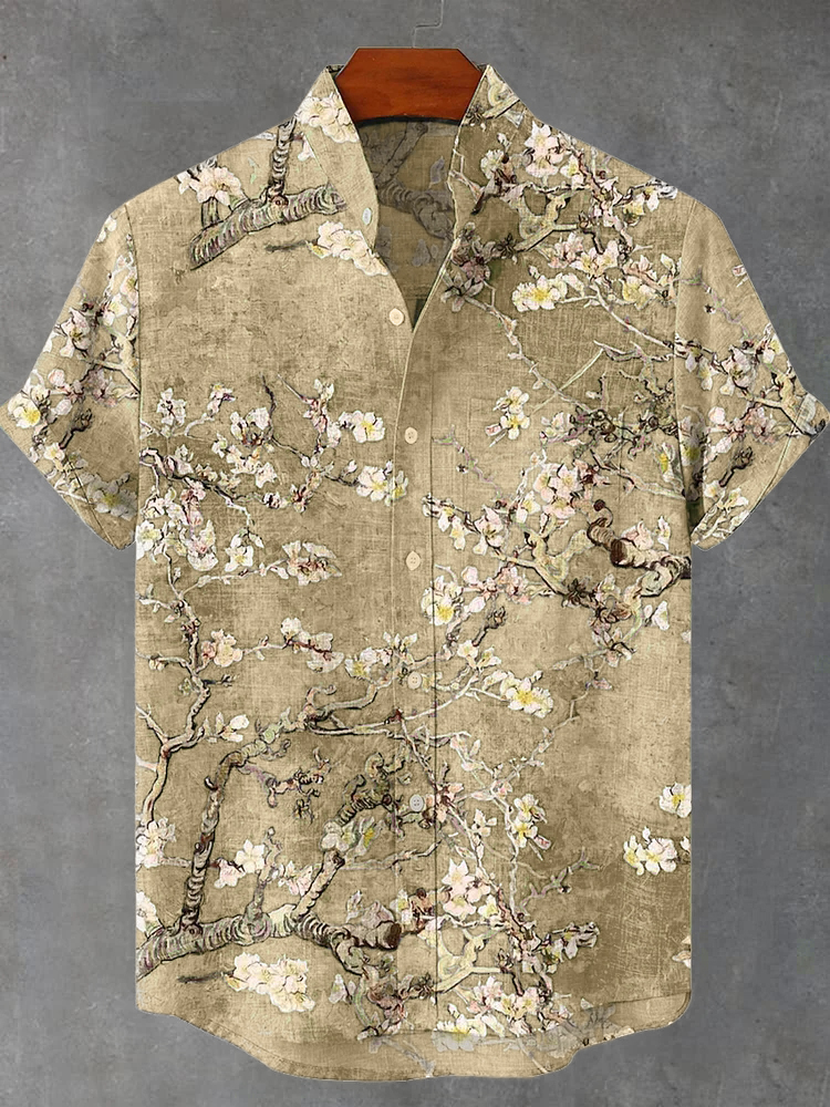 Vintage White Art Florets Print Casual Cotton Shirt