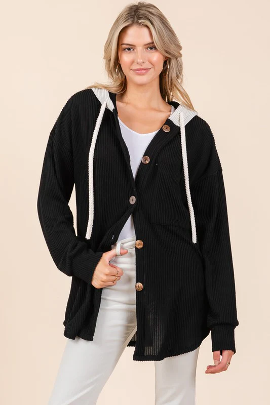 Textured Button Down Drawstring Hooded Shacket