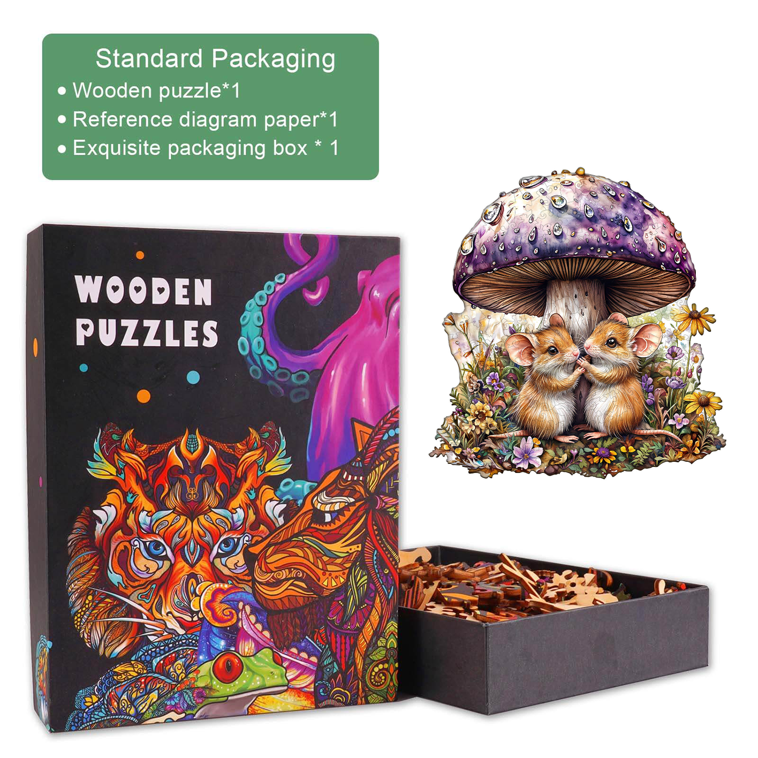 Mice and mushrooms Wooden Jigsaw Puzzle