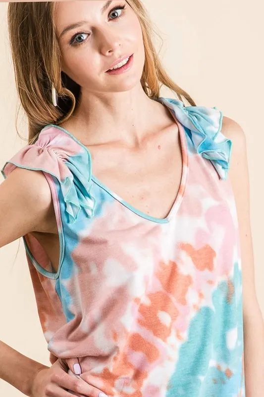 Circular Tie Dye Knit V Neck Top With Ruffle