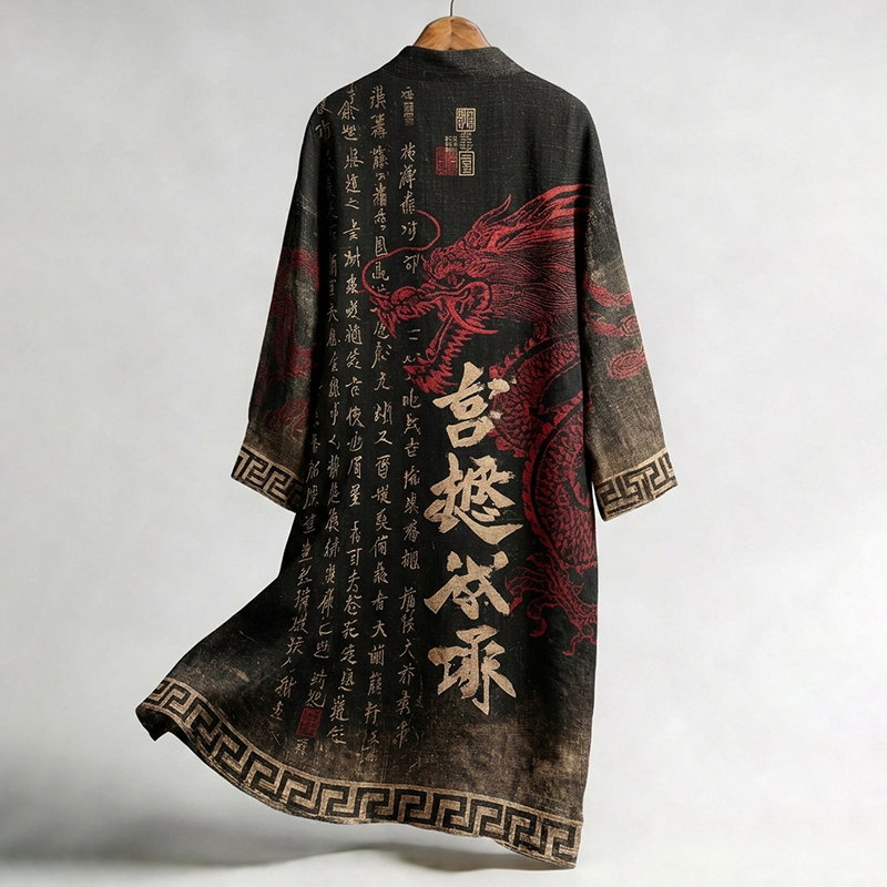 Men's Retro Japanese Calligraphy And Dragon Art Pattern Linen Blend Kimono