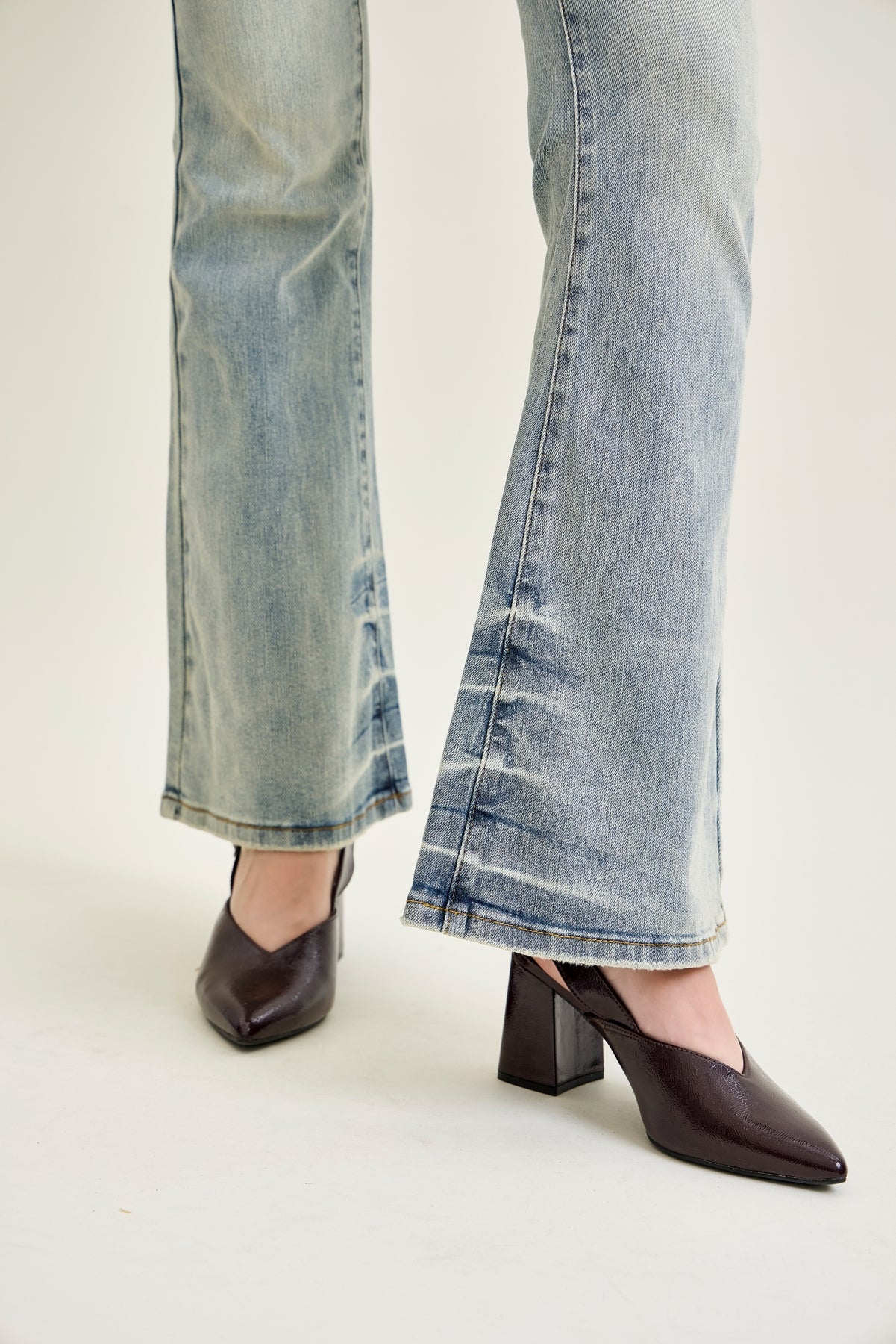 Megan Mid Rise Tinted Pin Tack Detail Flare Jeans