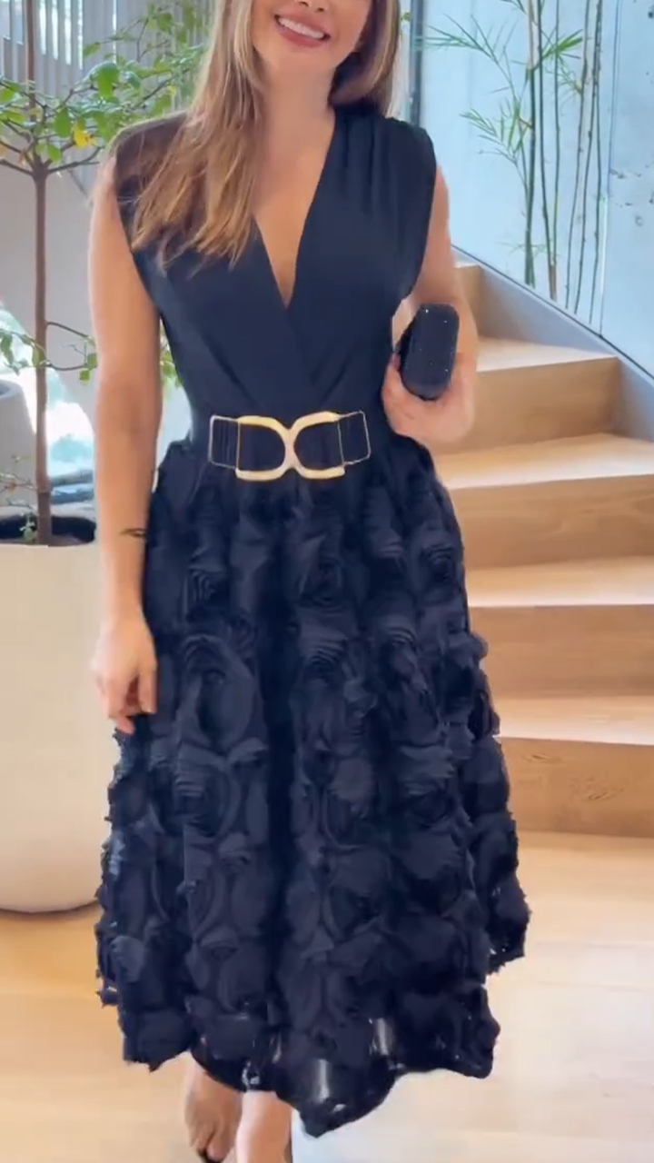 Women Patchwork Three-dimensional Rose Pattern Elegant Temperament Dress