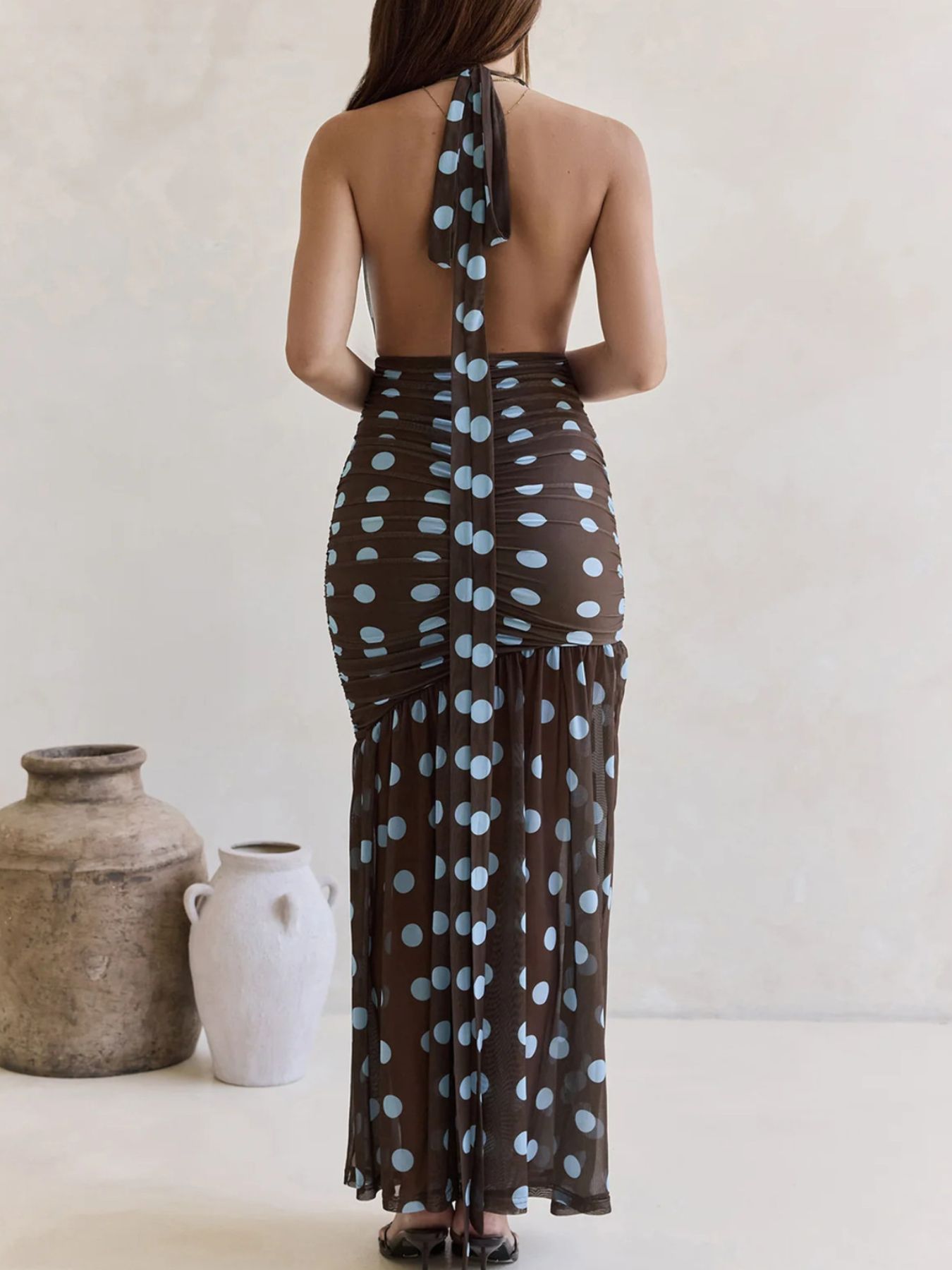 Polka Dot Halter Ruched Maxi Dress