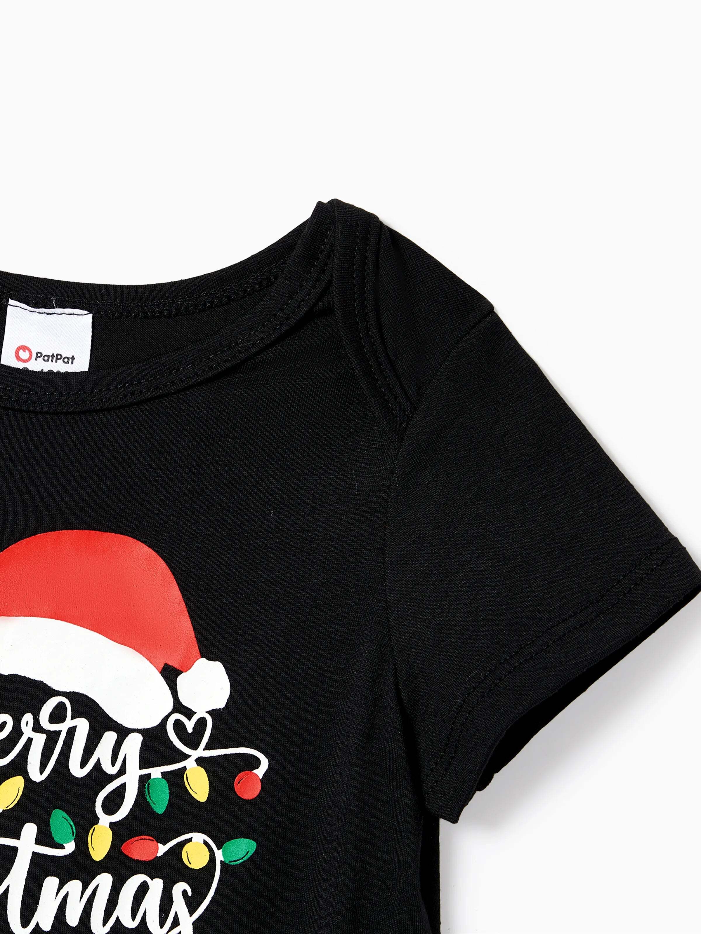 Christmas Family Matching Letters&Festive light bulb Print Short-sleeve Pajamas Sets Black