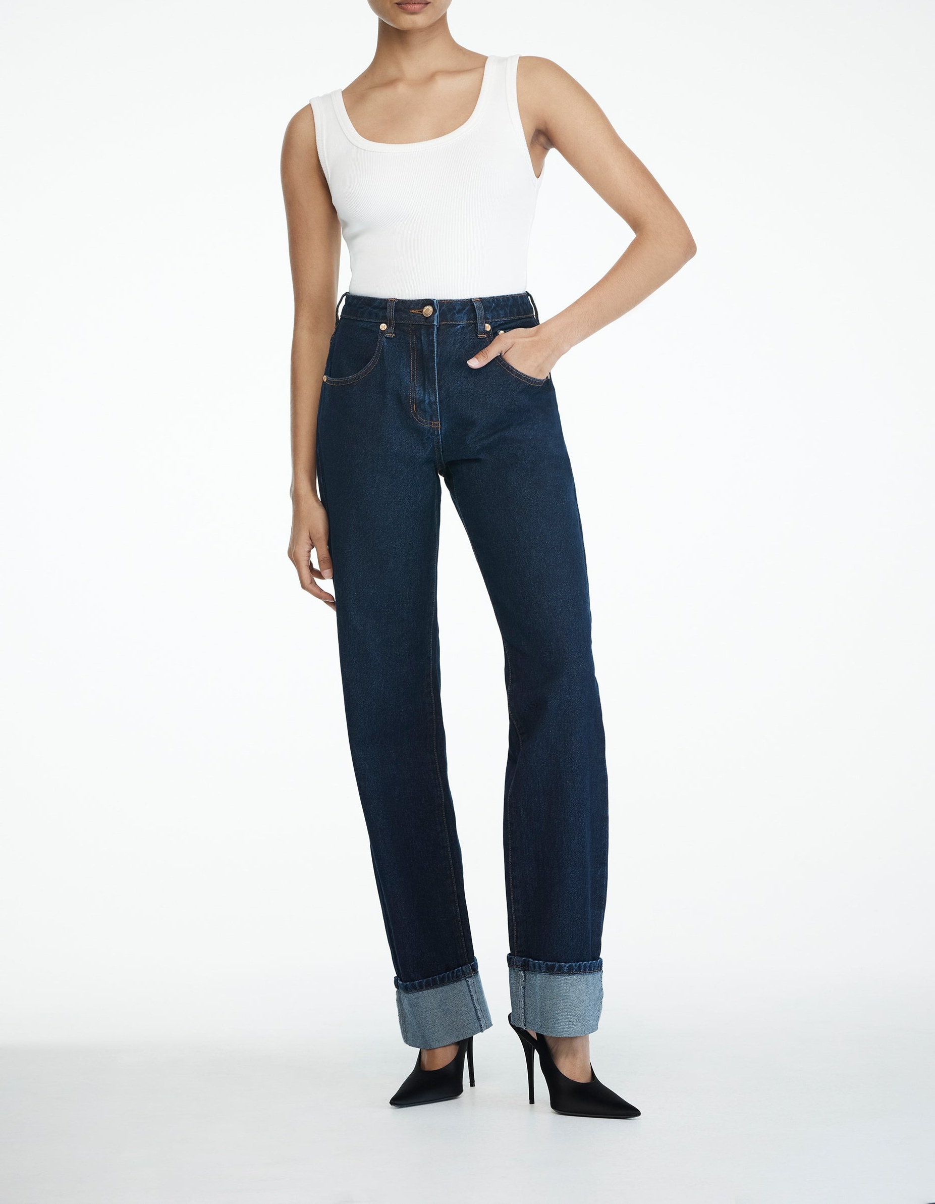 Blue Straight Leg Cuffed Jeans