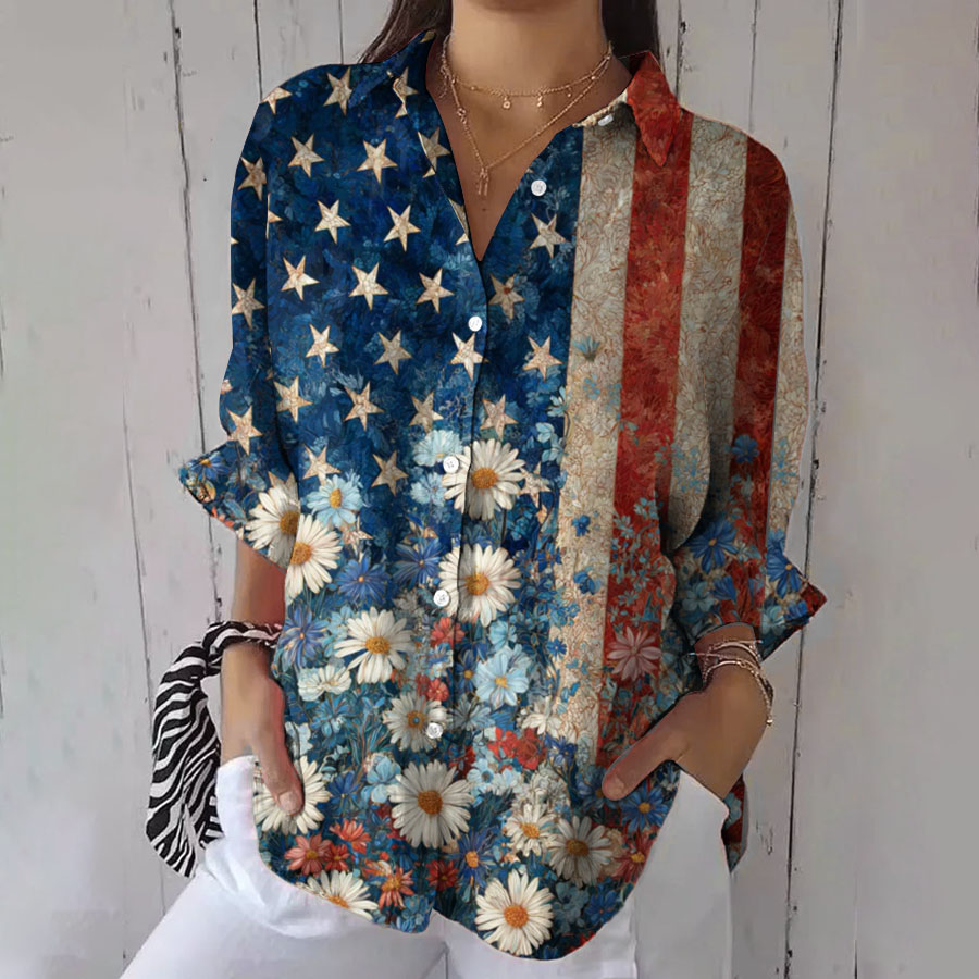 Women'S Retro American Flag Printed Casual Shirt