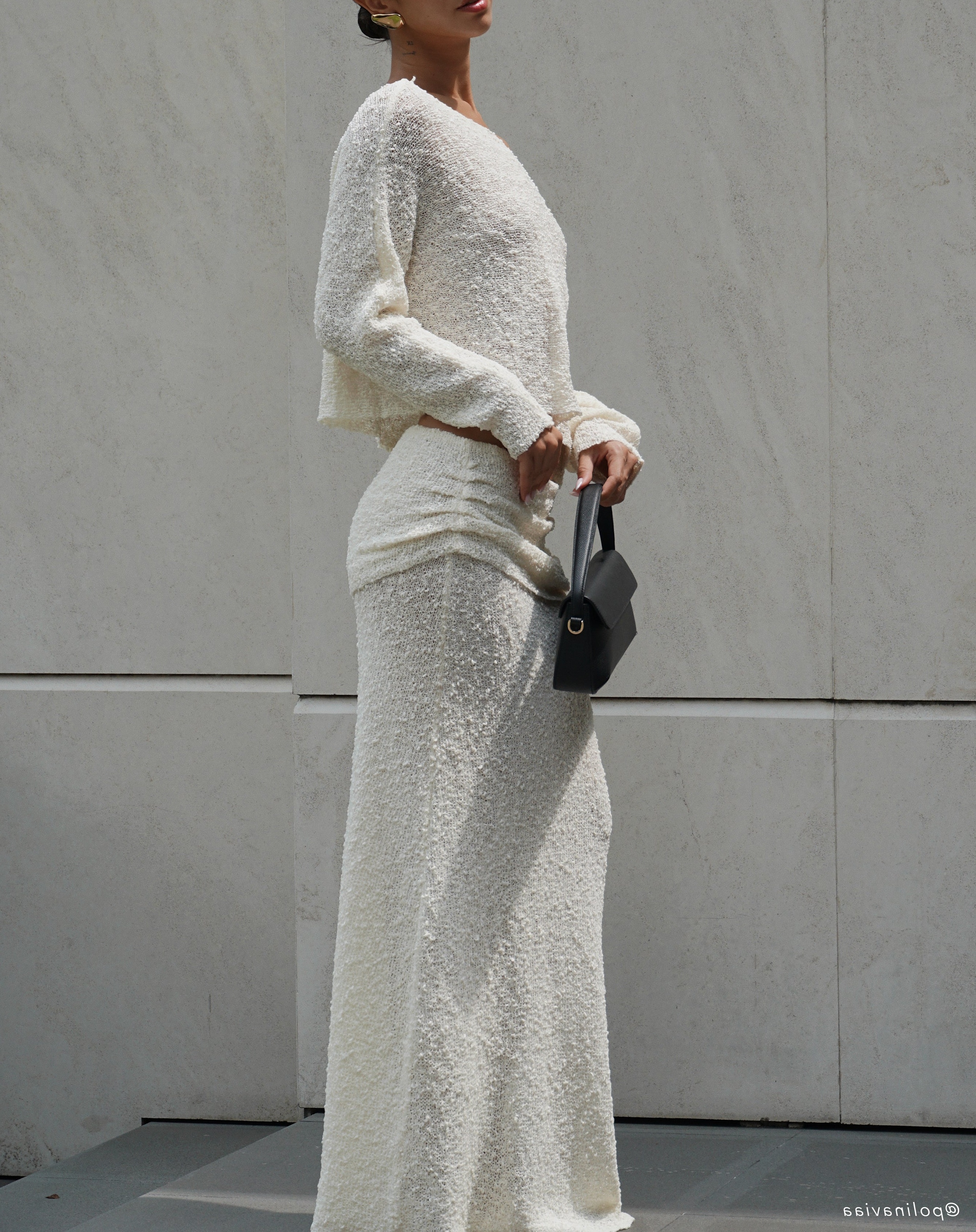 Ivory Ruched Knit Maxi Skirt