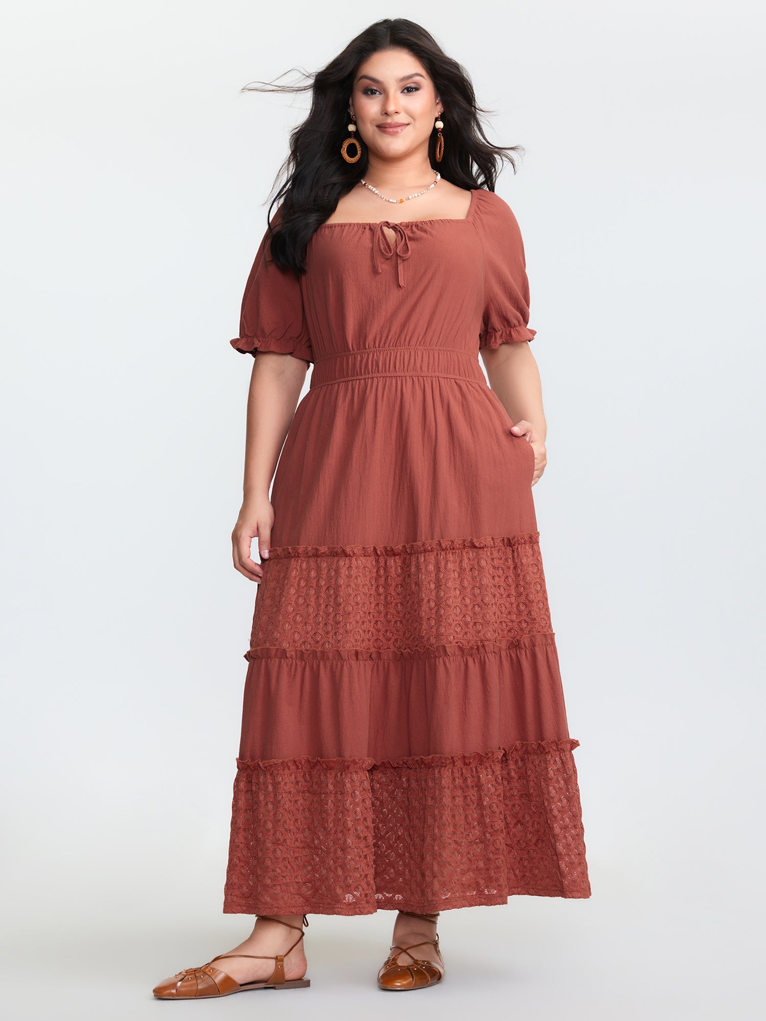 Pure Cotton Contrast Lace Tiered Maxi Dress