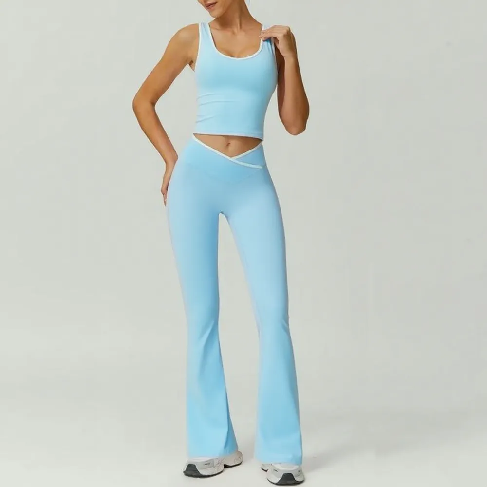 Womens Colorblock Tank Top & Flare Leg Pants Tracksuit Set