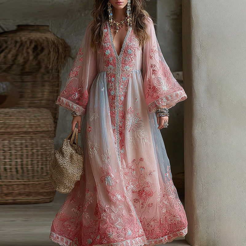 Vintage Gradient Roses Embroidered V Neck Comfy Maxi Dress