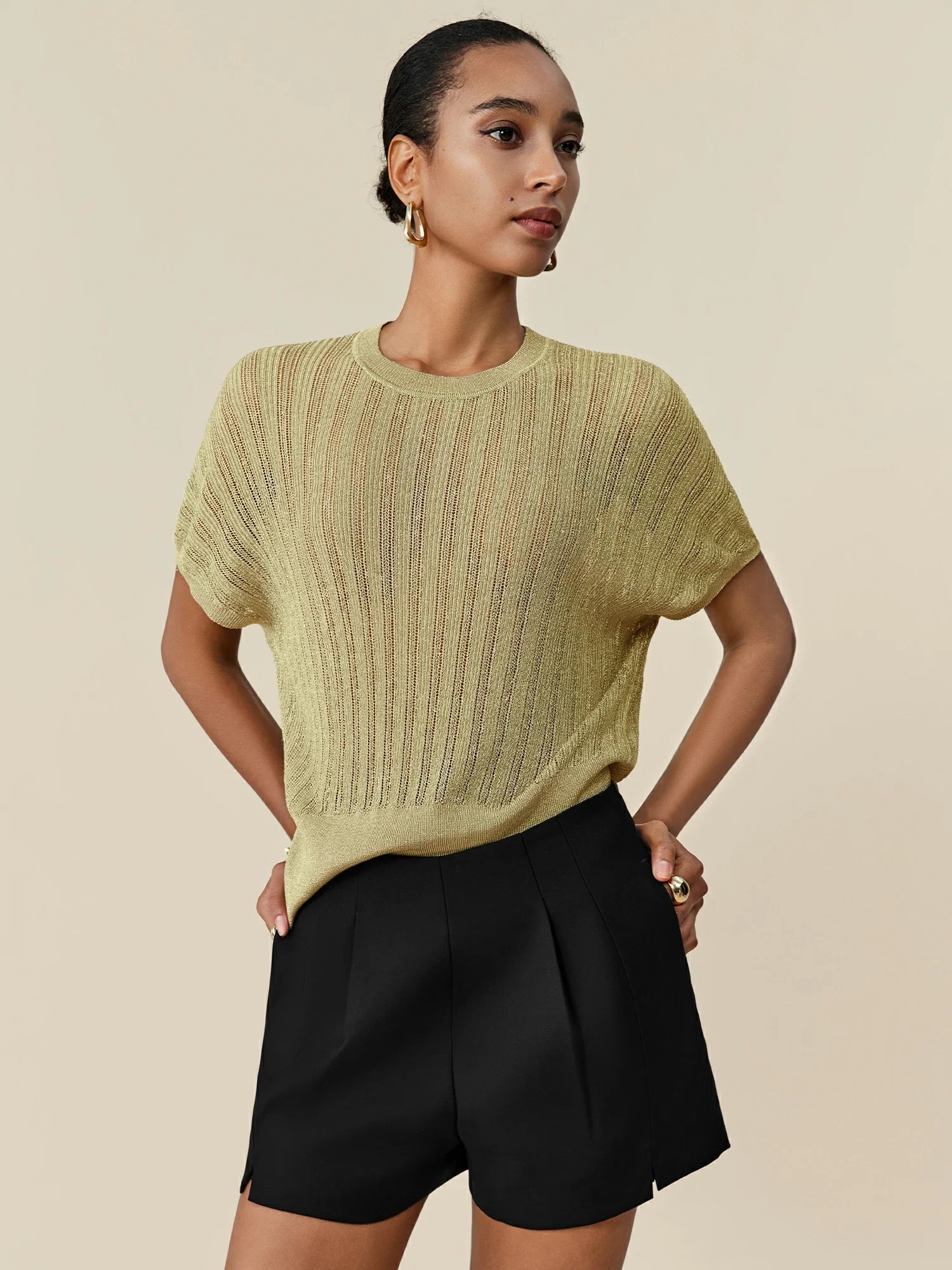 Round Neck Batwing Sleeve Glitter Knit Top