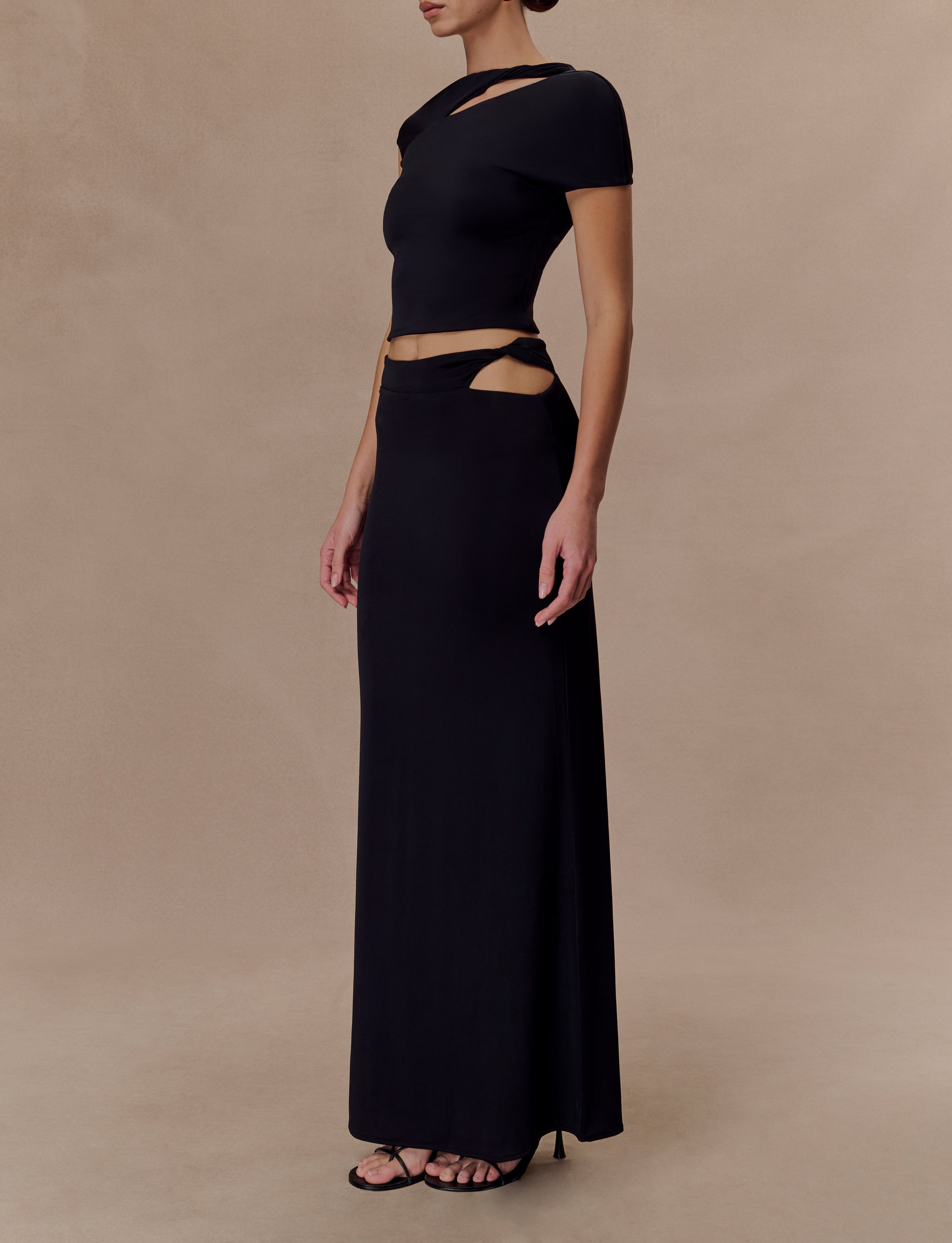 Black Slinky Twist Midi Skirt