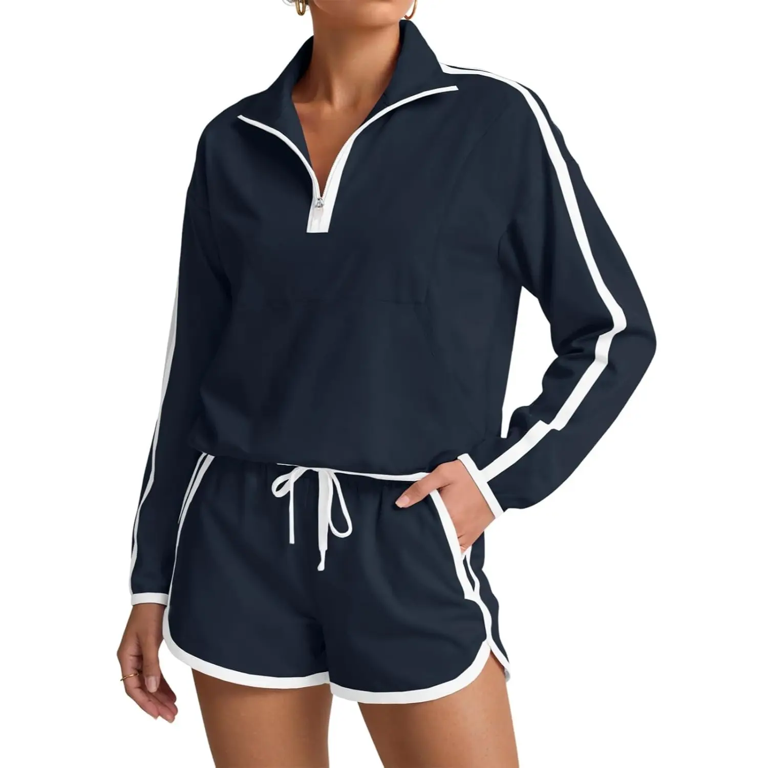 Womens 2 Piece Outfits Sets Half Zip V Neck Long Sleeve Pullover Tops Shorts Casual Tennis Running Tracksuits