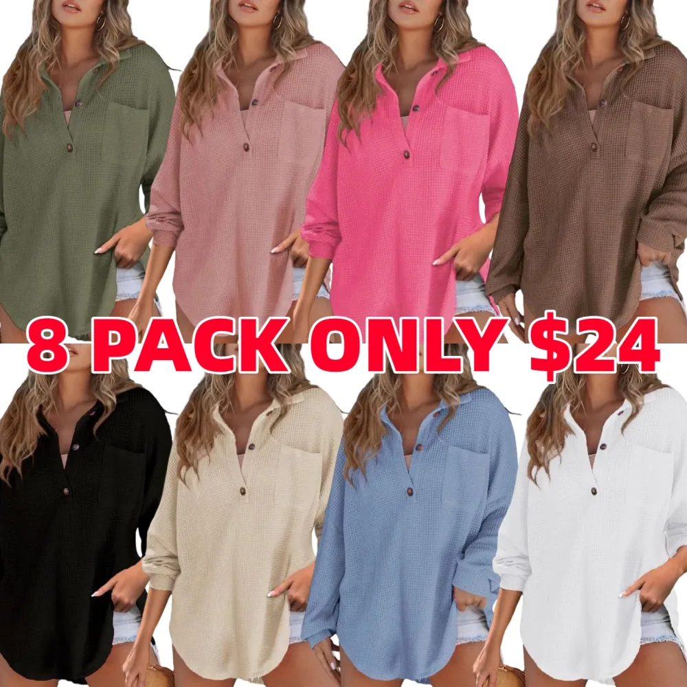 Women's Oversized Henley Waffle Shirts Tops