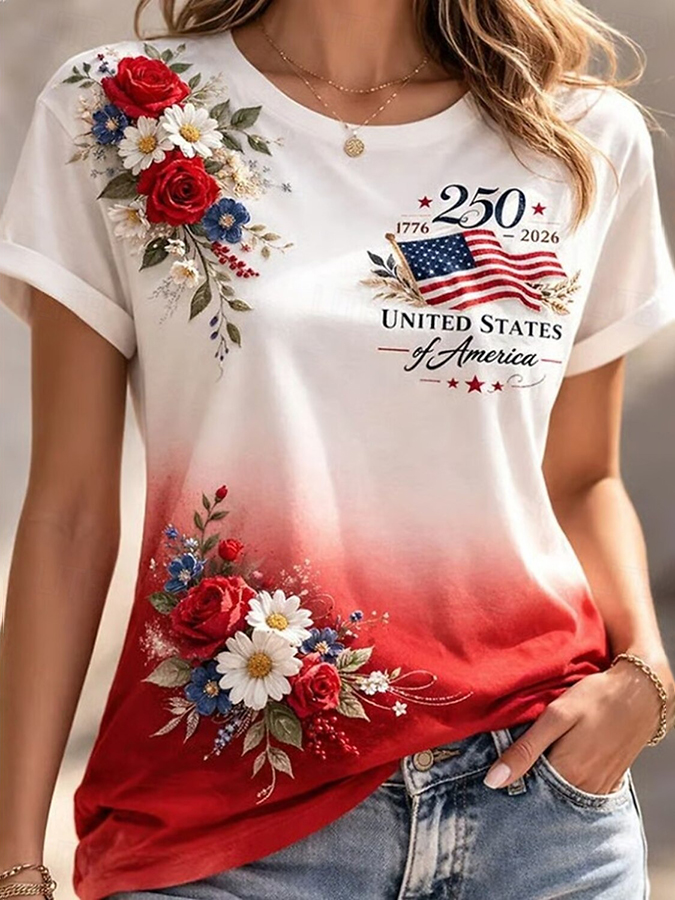Ladies' casual US National Day floral gradient print round neck T-shirt