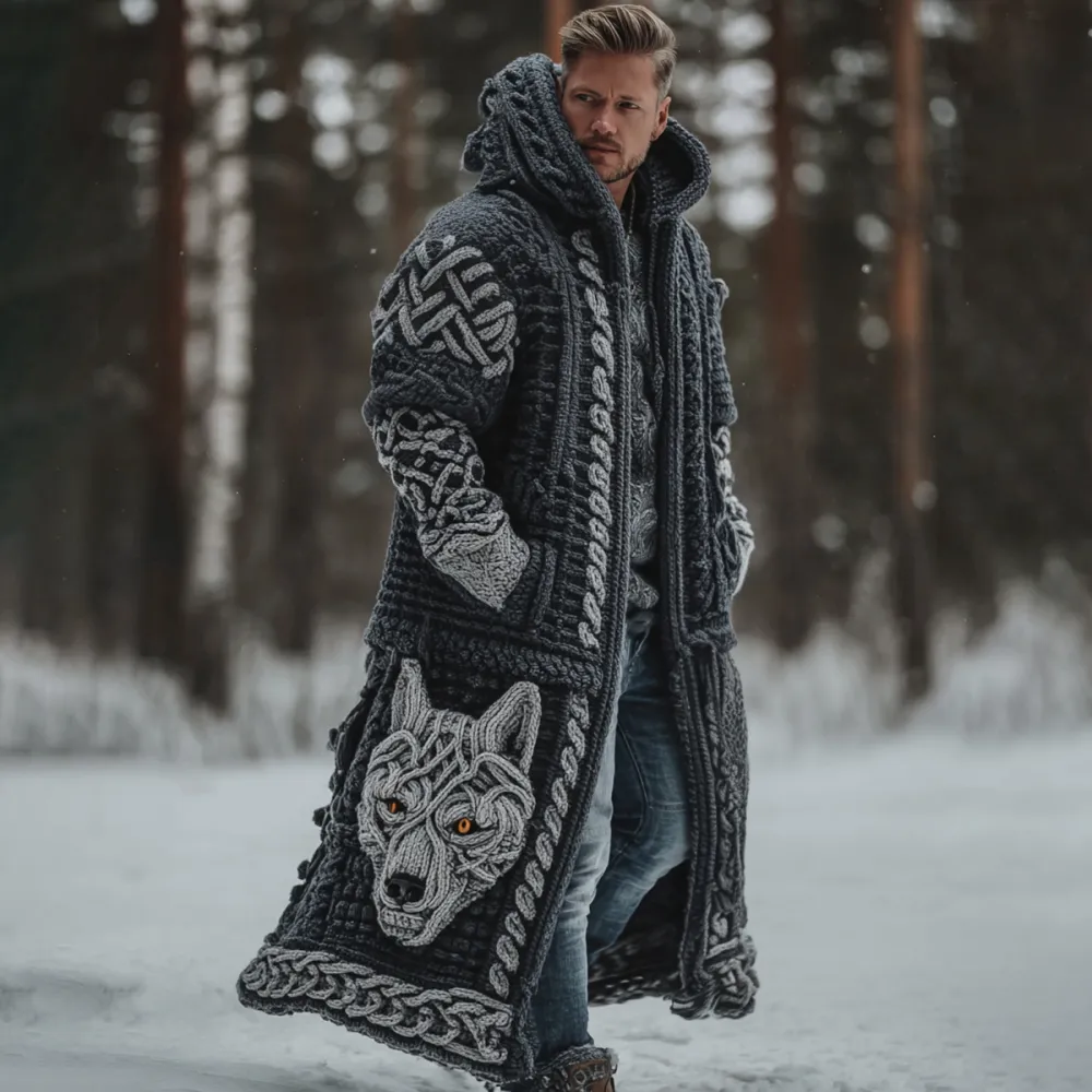 Men's Viking Style Celtic Knot Wolf Head Cardigan