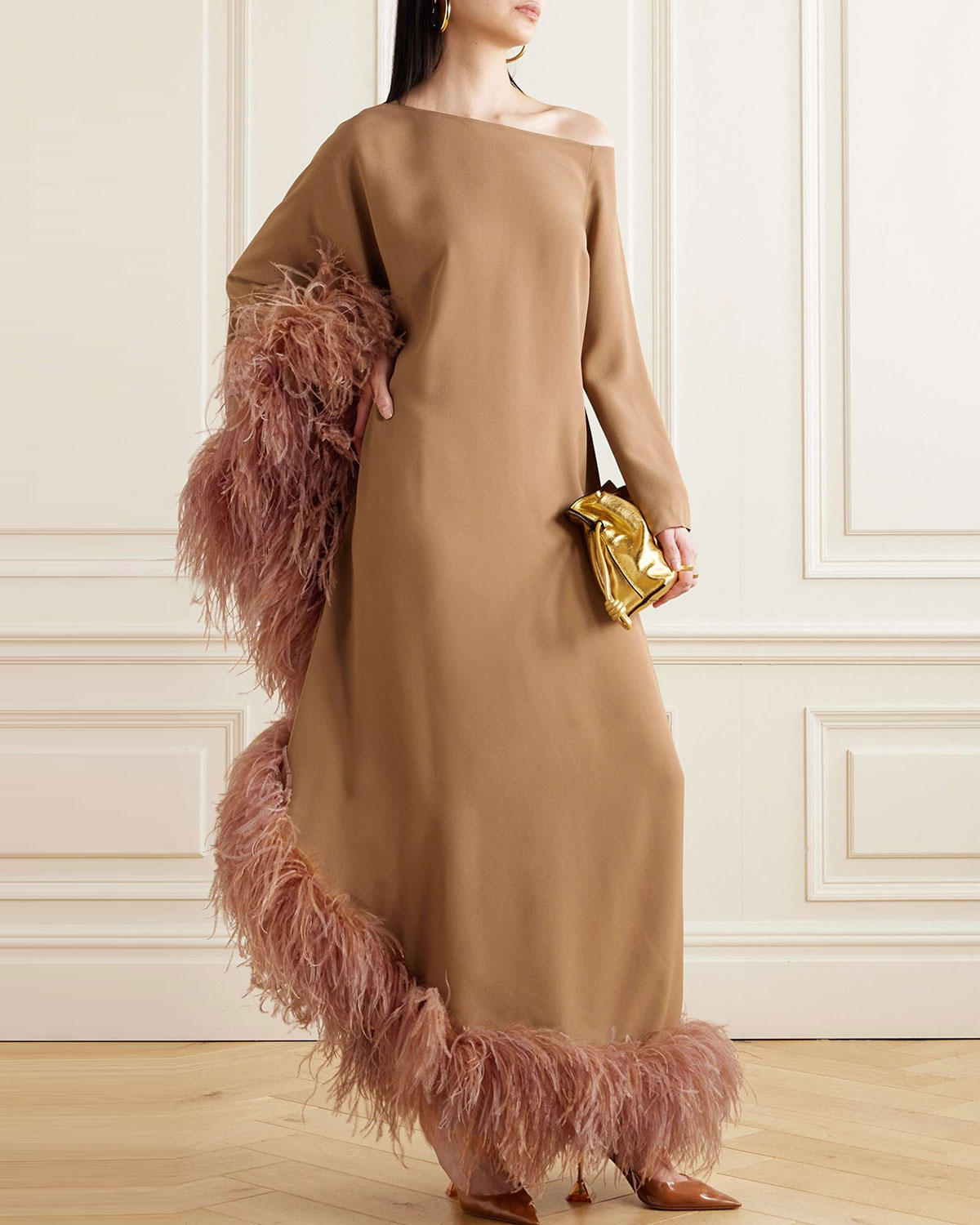 Feather-Trimmed Crepe Midi Dress